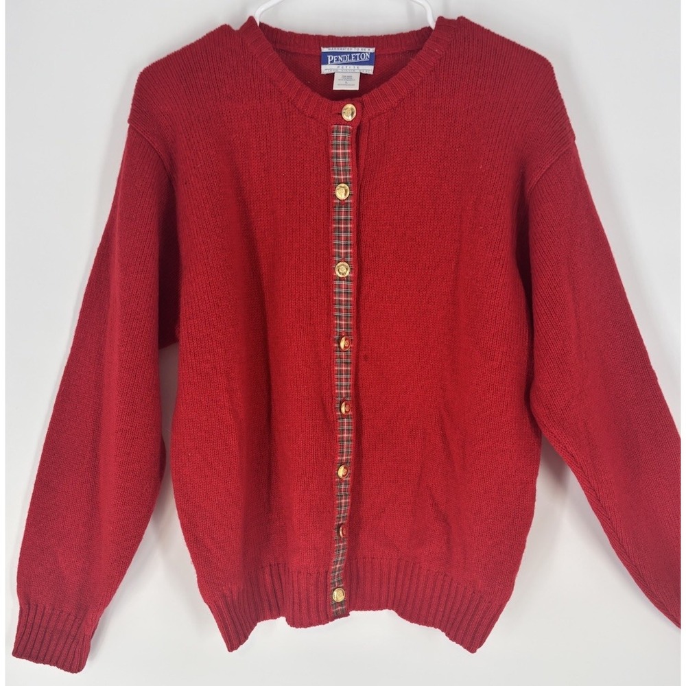 VTG 90s Pendleton Womens Red Tartan Plaid Cardigan 100% Virgin Wool Holiday